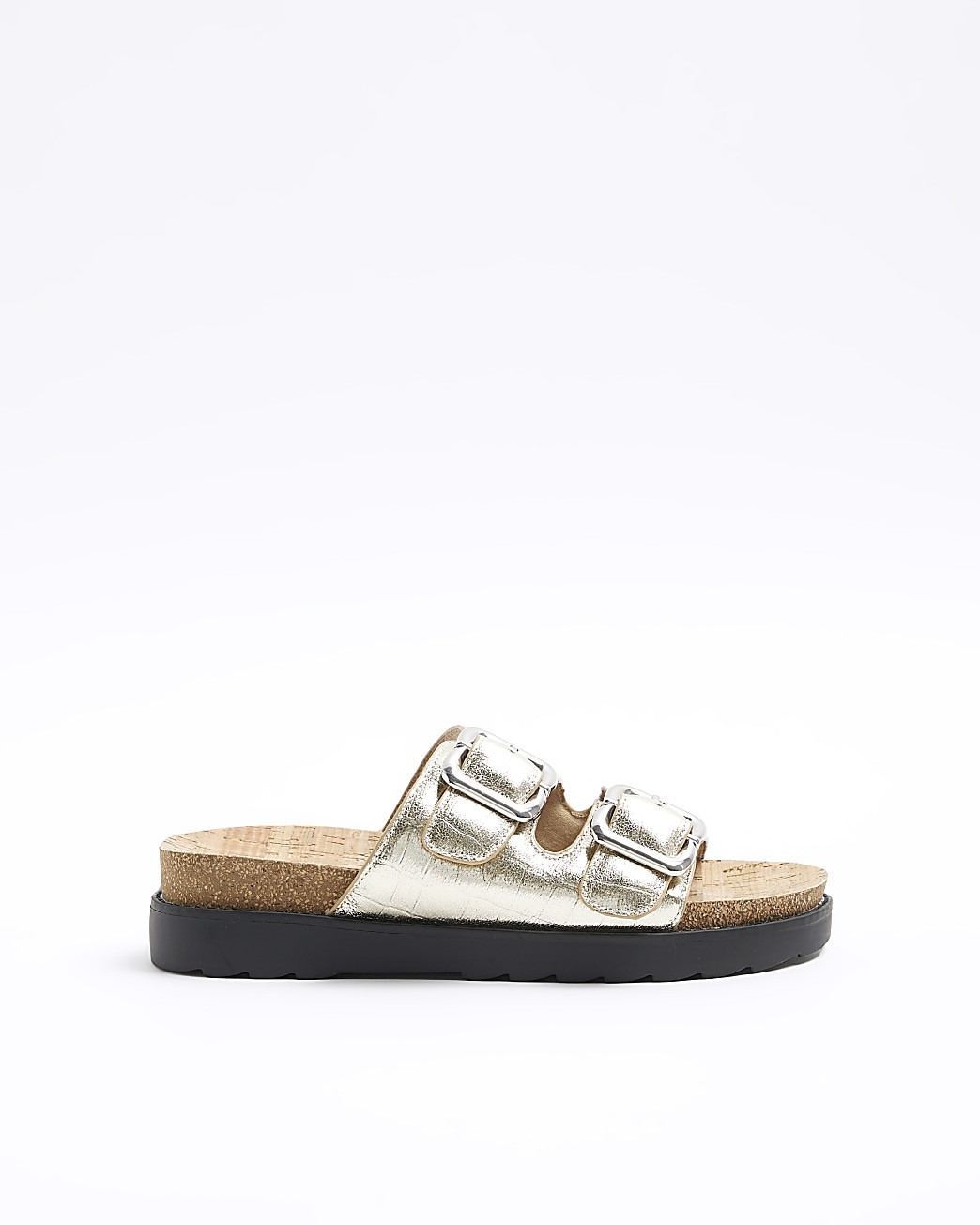 Gold Wide Fit Double Buckle Sandal | River Island (UK & IE)
