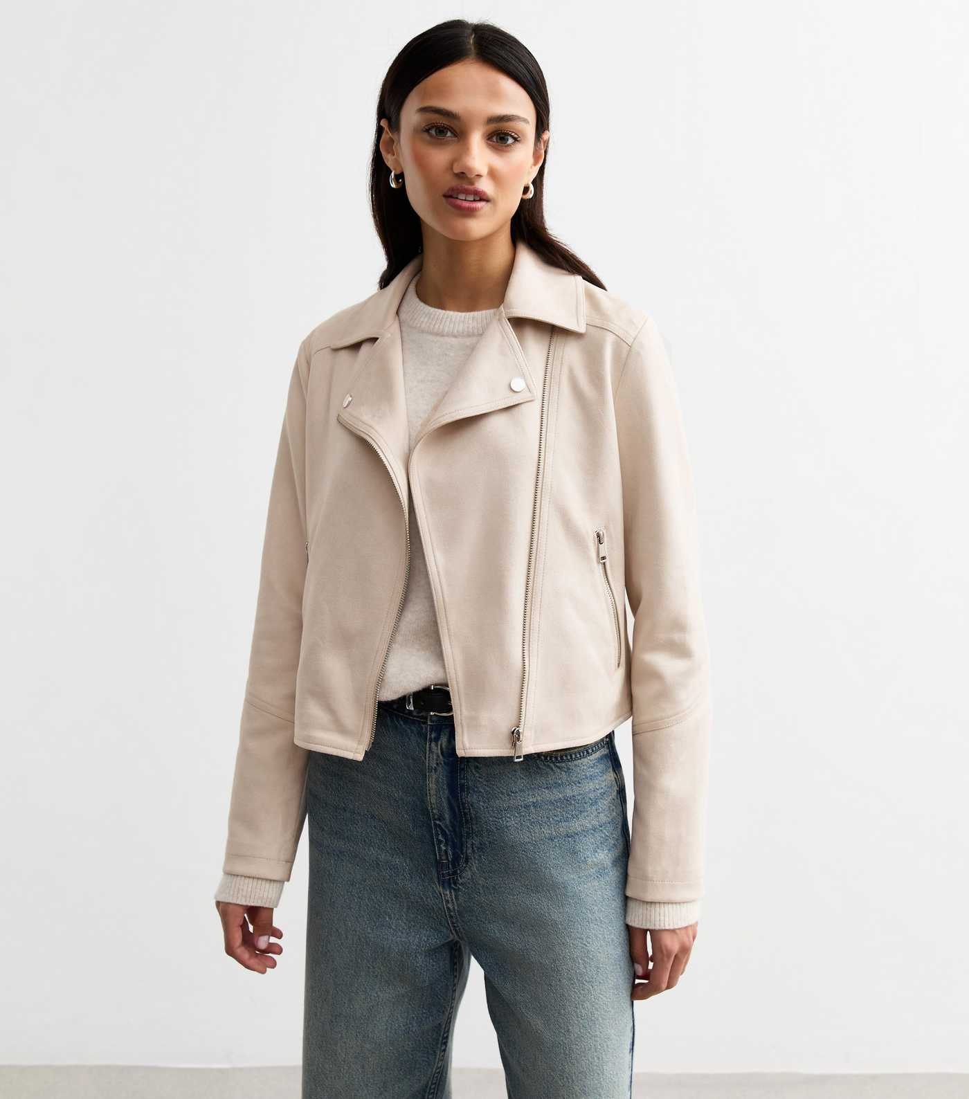 Stone Faux Suede Biker Jacket  | New Look | New Look (UK)