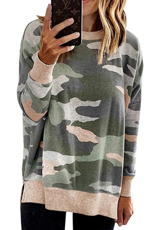 ECOWISH Women's Camouflage Print Casual Leopard Pullover Long Sleeve Sweatshirts Top Blouse | Amazon (US)