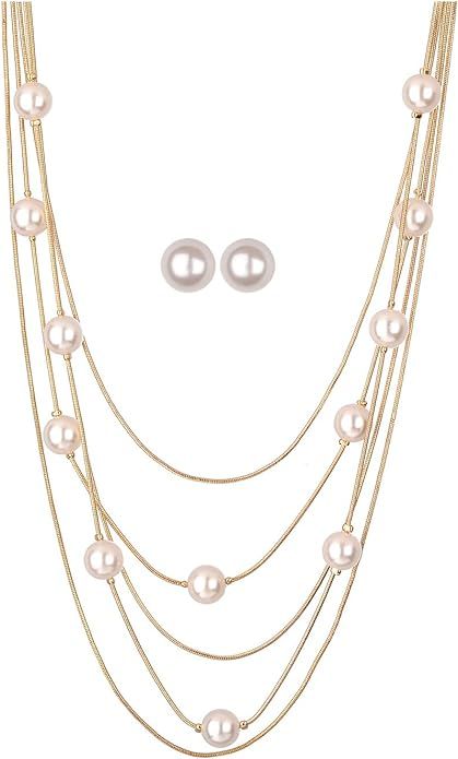 Jones New York White Pearls Multistand Gold Long Necklace Set with Pearl Earrings | Amazon (US)