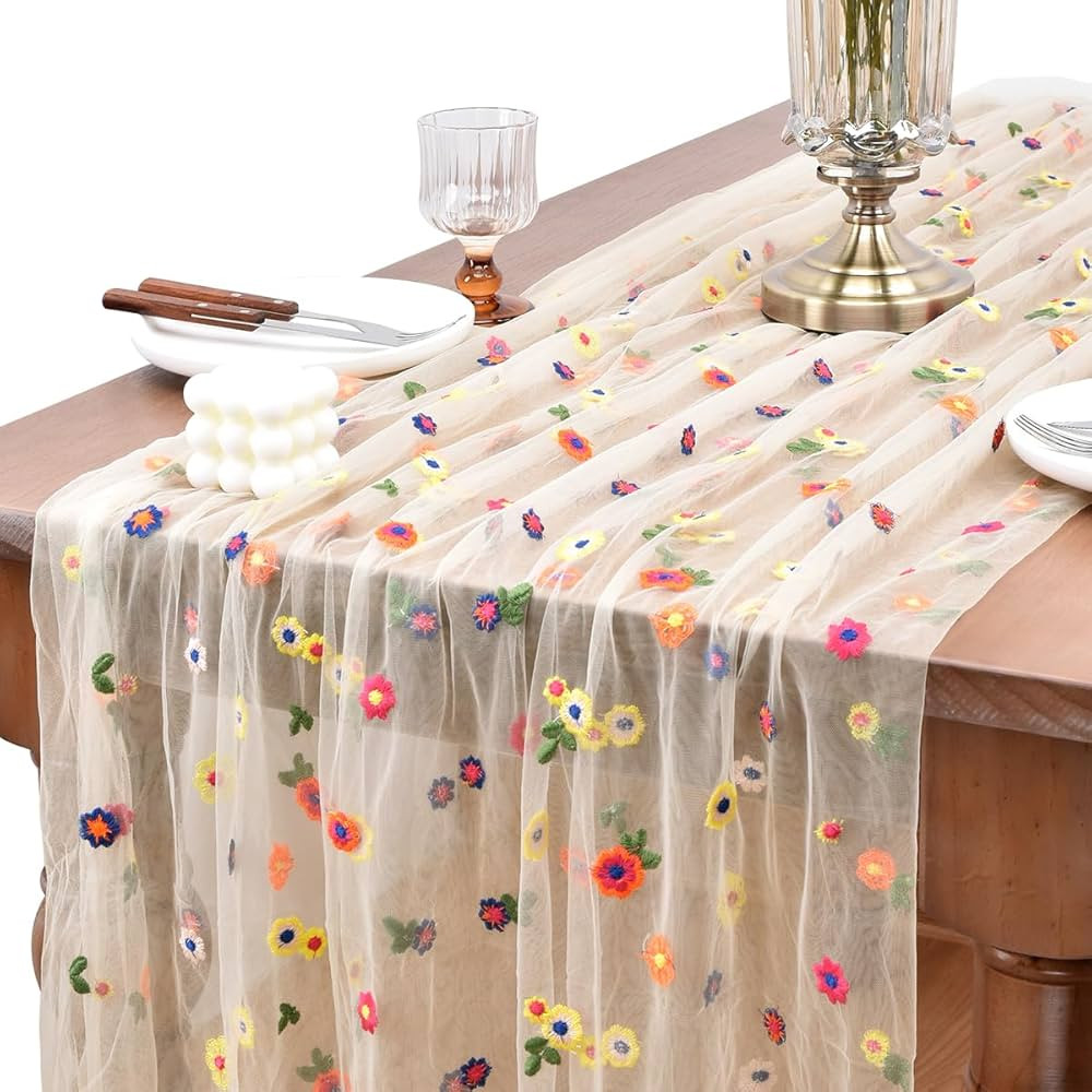 Joanlody Champagne Embroidery Daisy Fall Table Runner 10ft Florals Seasonal Tulle Table Runner Ho... | Amazon (US)