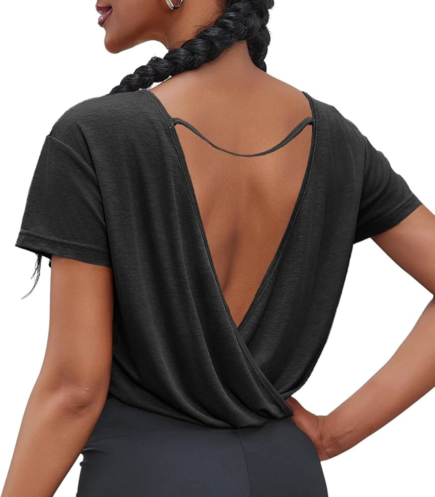 Fisoew Womens Workout Open Back Crop Tops Backless Short Sleeve T Shirts Reversible Athletic Gym ... | Amazon (US)