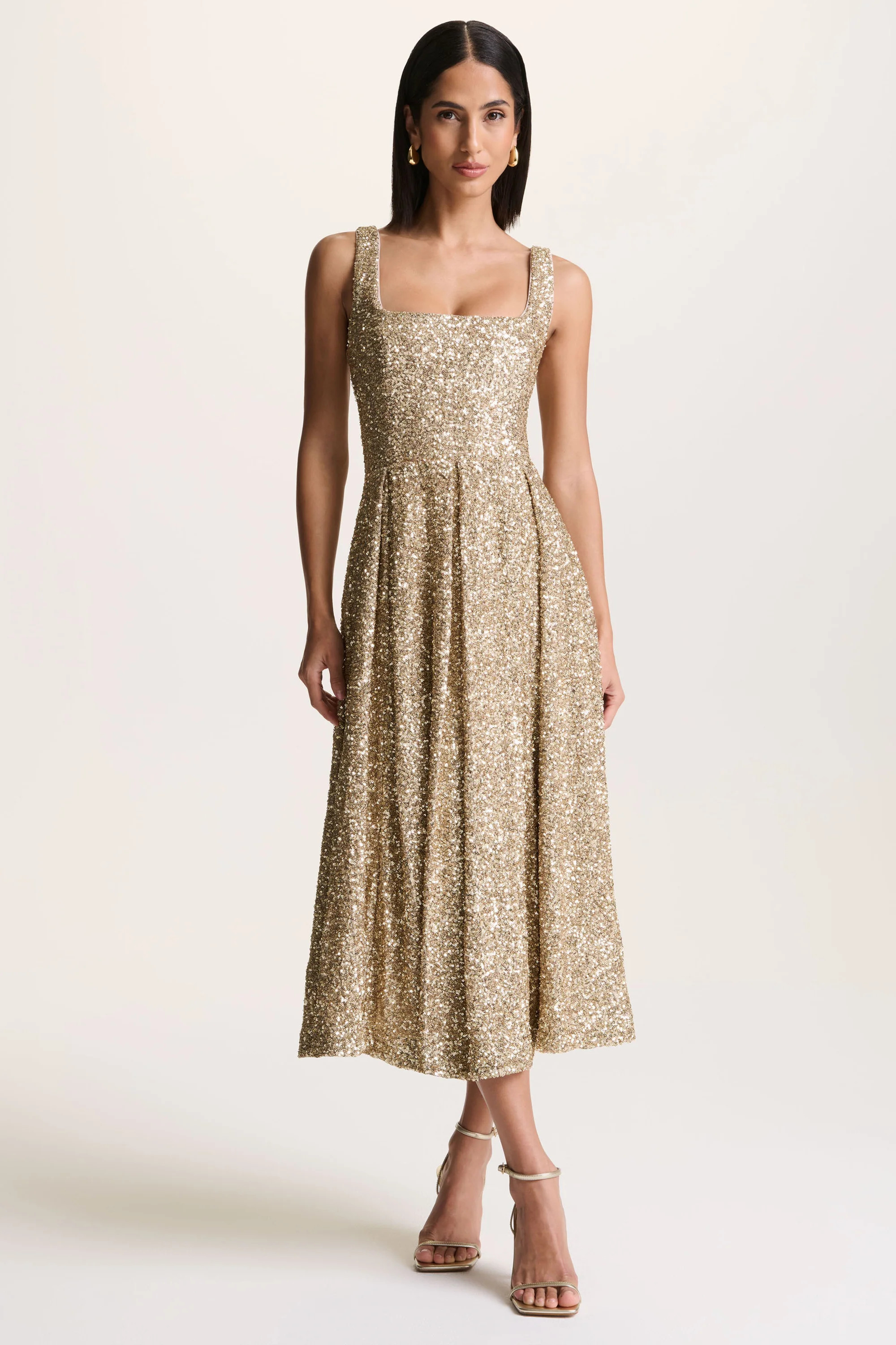 Lima  Champagne Sequin Square-Neck A-Line Midi Dress | Club L London