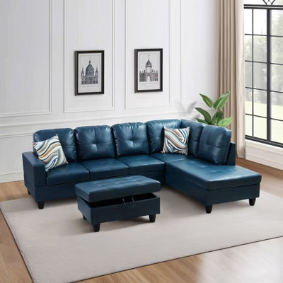 Blue Semi-PU Leather Sectional Sofa - Modern L-Shaped Design, Tufted Cushions, Storage Ottoman, Contemporary Home D�cor | Target