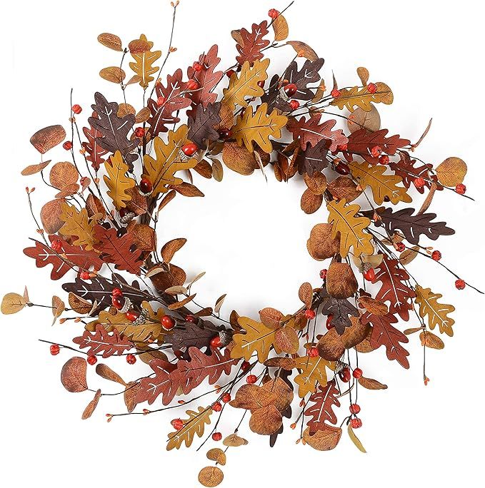 YNYLCHMX 18" Fall Wreaths for Front Door, Artificial Wreath with Winter Leaves, Eucalputs, and Pi... | Amazon (US)