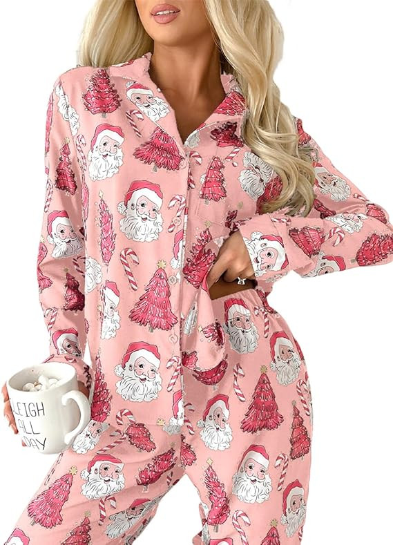 Ecosunny Christmas Santa Pajama Set Women's Long Sleeve Sleepwear Soft Loungewear Two Piece Butto... | Amazon (US)