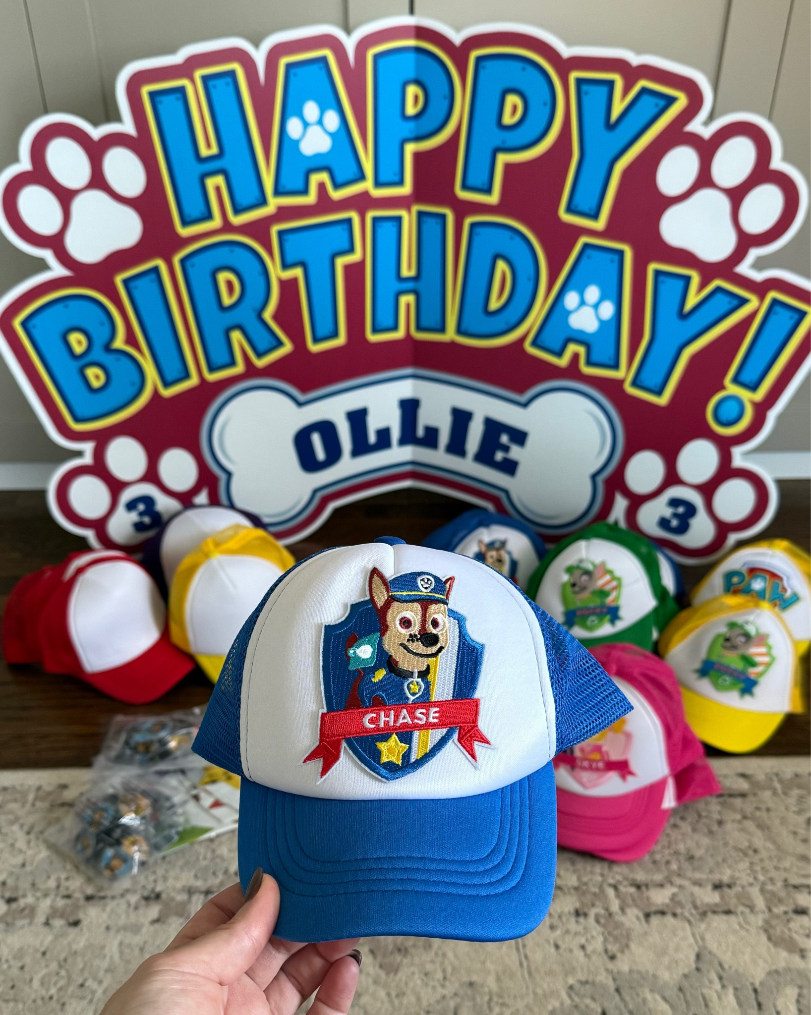 Paw Patrol DIY Trucker Hats, birthday sign, custom sweatshirt + patches (mostly Etsy + Amazon) 