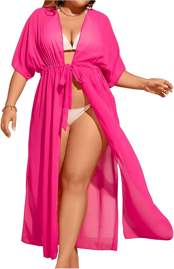 OYOANGLE Women's Plus Size Short Sleeve Beach Kimono Drawstring Waist Flowy Long Cardigans Cover ... | Amazon (US)