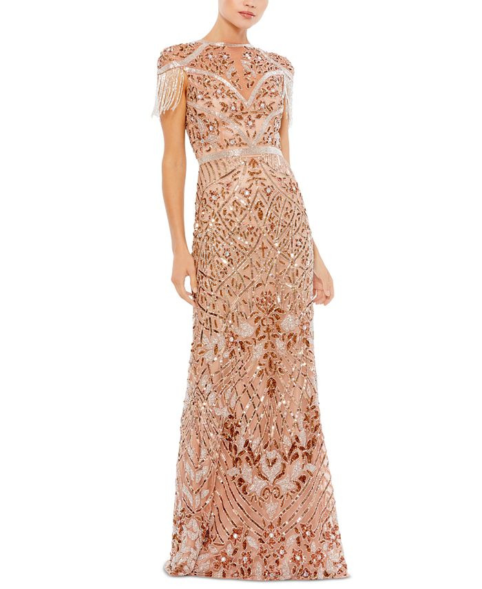 MAC DUGGAL Embellished Fringe-Sleeve Gown & Reviews - Dresses - Women - Macy's | Macys (US)