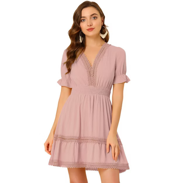 Allegra K Women's Crochet Trim Puff Sleeve V Neck Smocked Waist Ruffled Tiered Dress | Target