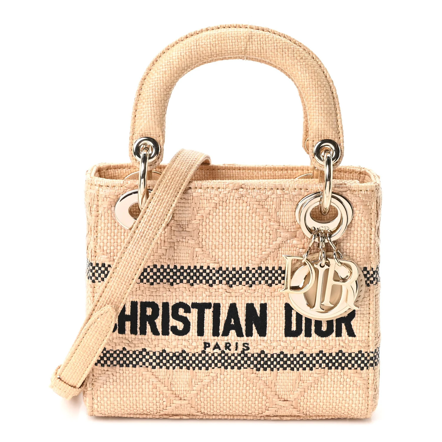 Christian Dior Raffia Woven Cannage Embroidered Mini Lady D-Lite Natural Black | FASHIONPHILE (US)