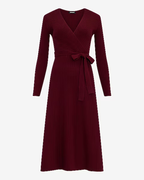 Ribbed V-neck Wrap Midi Sweater Dress | Express