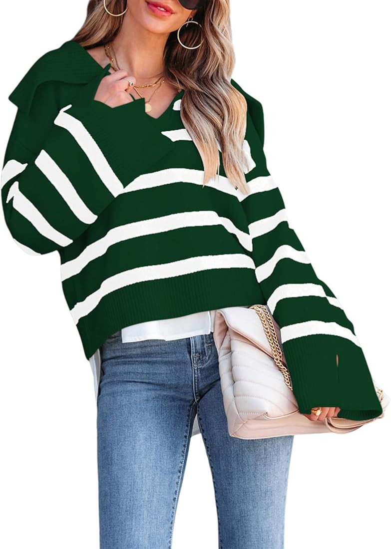 Dokotoo Women's Sweater Navy Collar Striped Long Sleeve Polo V Neck Knitted Pullover 2023 Casual ... | Amazon (US)