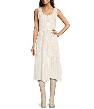 Scully Sleeveless Lace-Up Embroidered Floral Jacquard Tie Waist Midi Dress - S | Dillard's