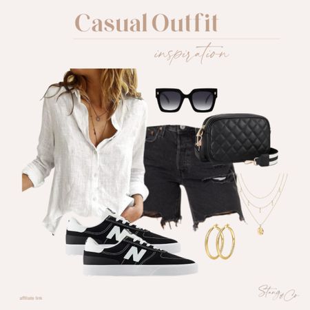 This black and white casual outfit idea includes a white button up
blouse with distressed black denim shorts, black and white New Balance sneakers, a quilted crossbody bag, black oversized sunglasses, gold hoops, and a gold layered necklace. 

Ootd, spring outfit, summer outfit, Amazon fashion, tall friendly shorts 

#LTKshoecrush #LTKstyletip #LTKfindsunder50