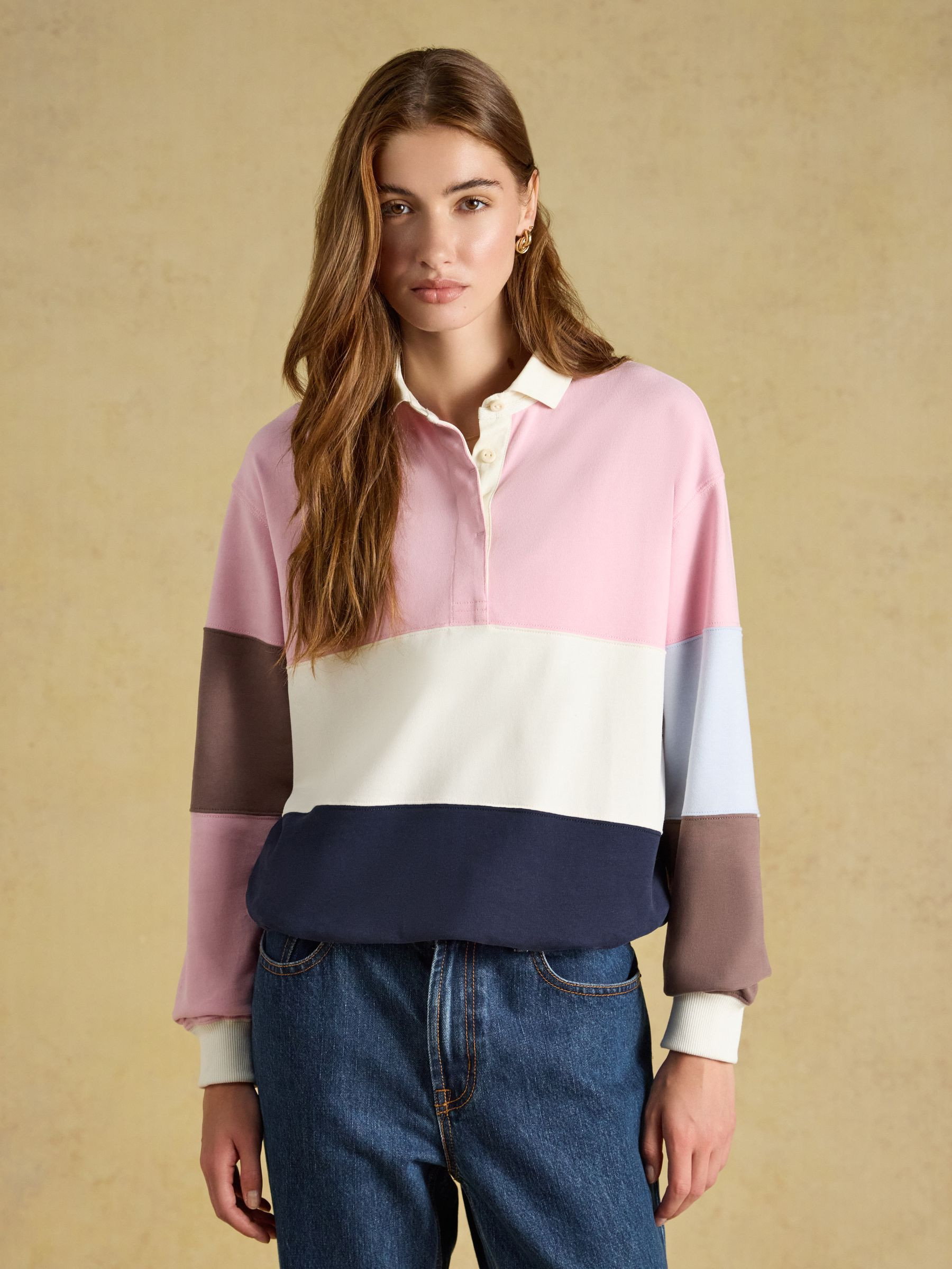 Pink & Blue Colour Block Long Sleeve Cotton Collared Rugby Deckshirt | Joules | Joules