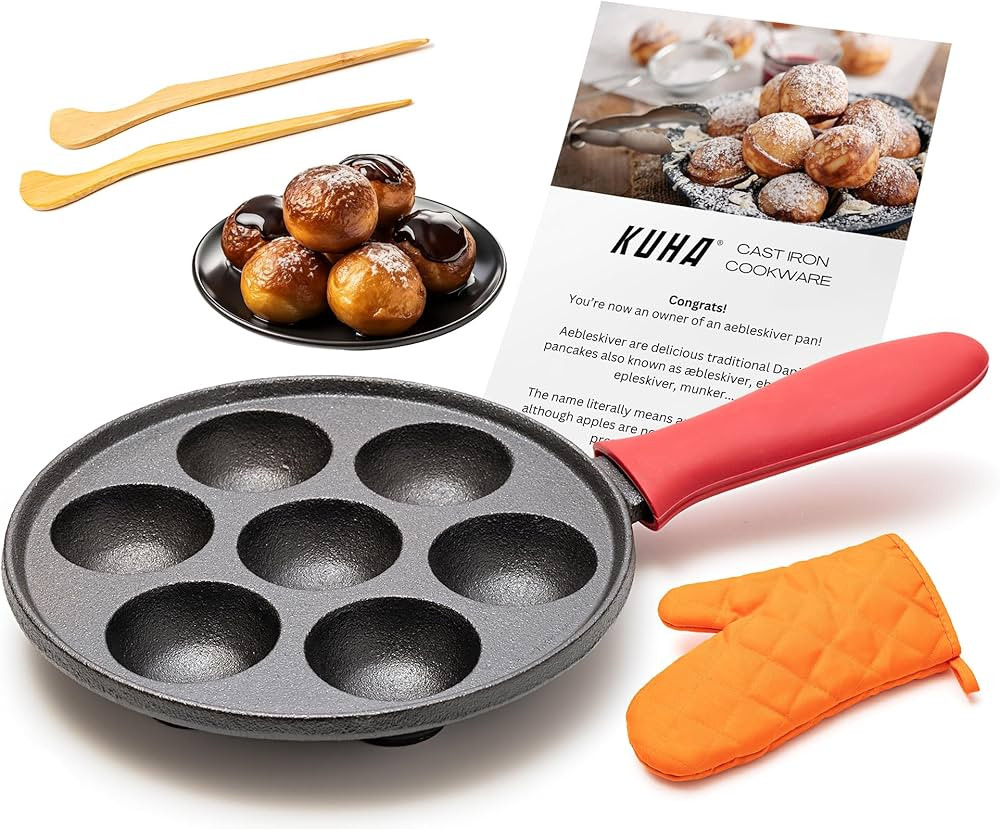 KUHA Cast Iron Aebleskiver Pan - Non Stick Pan for Authentic Danish Stuffed Pancakes - Electric S... | Amazon (US)