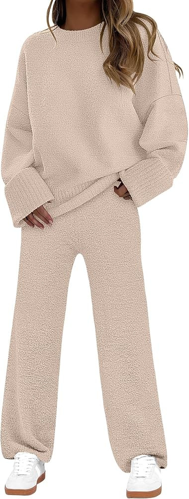 ANRABESS 2 Piece Sets for Women Fall Fuzzy Fleece Pajama Sweater Knit Top Wide Leg Pants Loungewe... | Amazon (US)