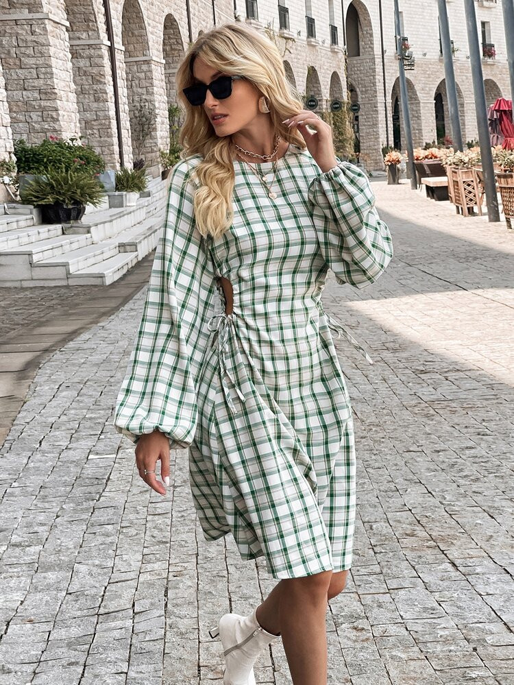Plaid Lantern Sleeve Cut Out Drawstring Side Dress | SHEIN