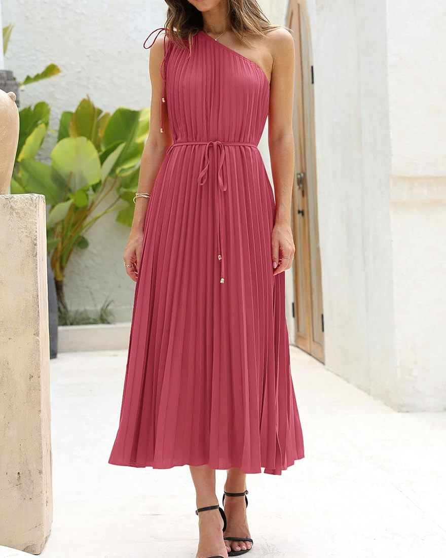 BTFBM Women's Drawstring One Shoulder Maxi Dresses Summer Sleeveless Tie Waist Pleated Long Flowy Pa | Amazon (US)