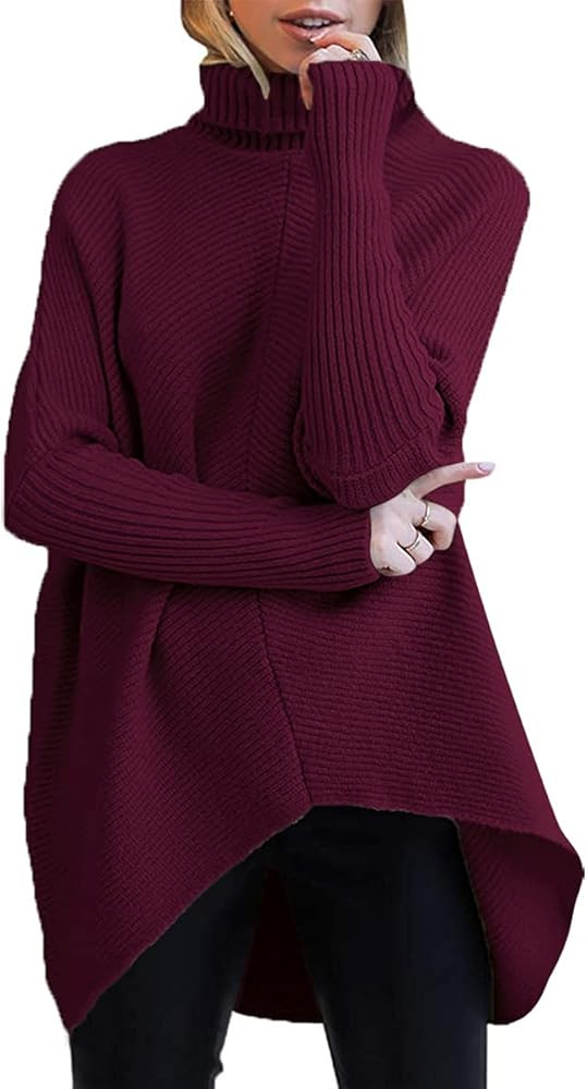 ANRABESS Womens Turtleneck Long Batwing Sleeve Asymmetric Hem Casual Pullover Sweater Knit Tops | Amazon (US)
