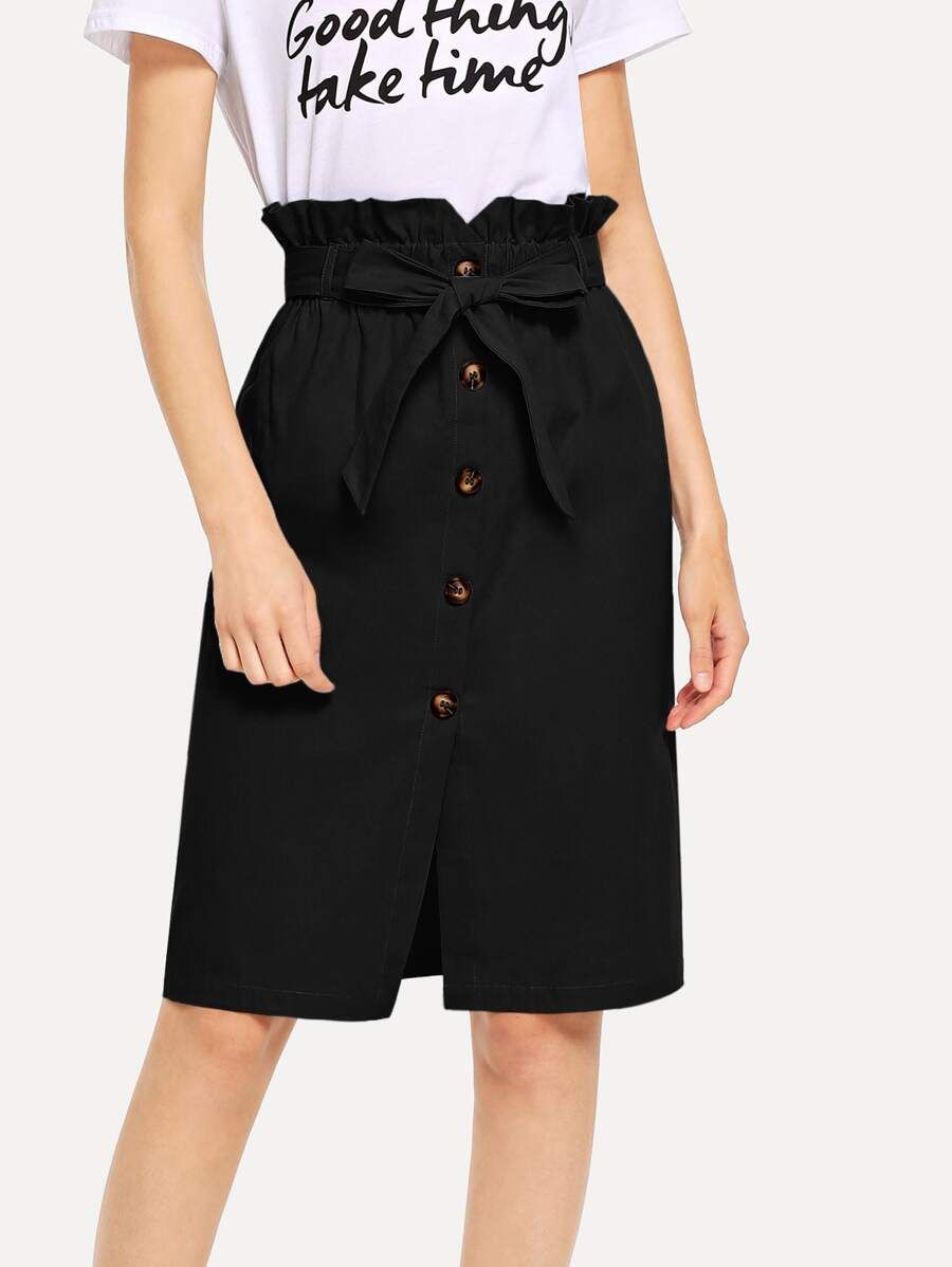 Waist Belted Button Ruffle Split Skirt | SHEIN