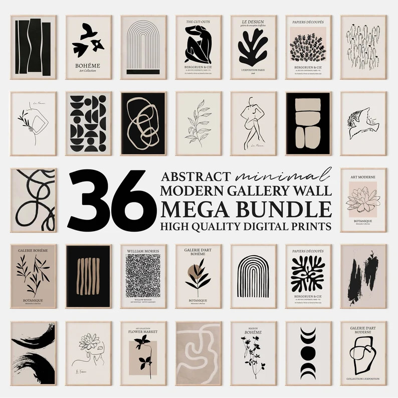 Modern Boho Mega Bundle Gallery Wall Set | 36 PCS Abstract Neutral Exhibition Style Posters | Min... | Etsy (US)