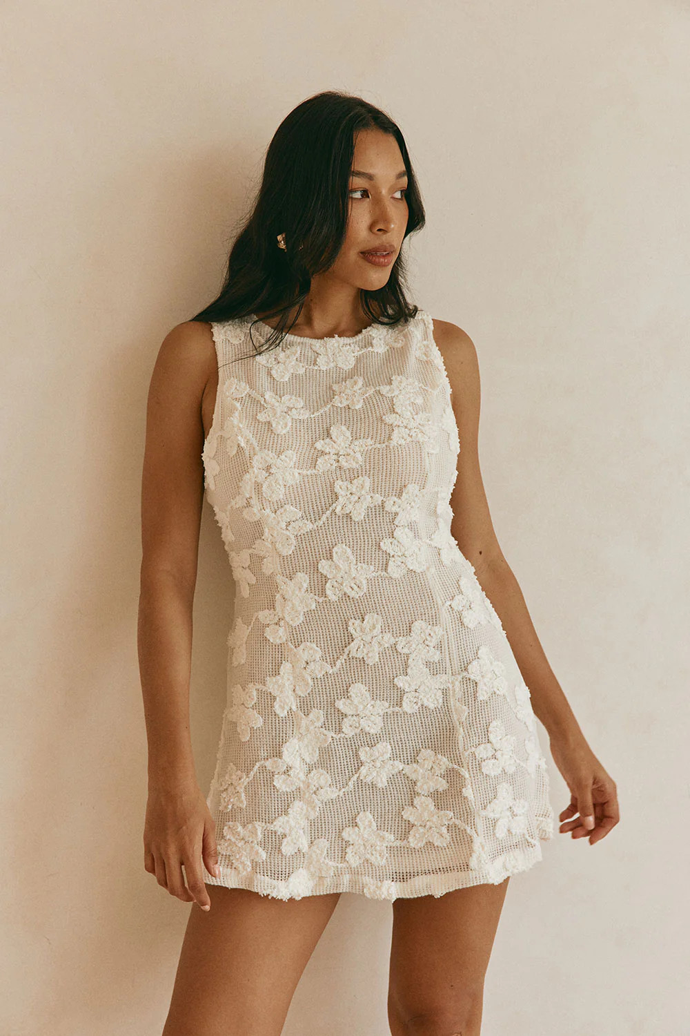 Cream Floral Mesh Applique Mini Stasia Dress | Sabo Skirt AU