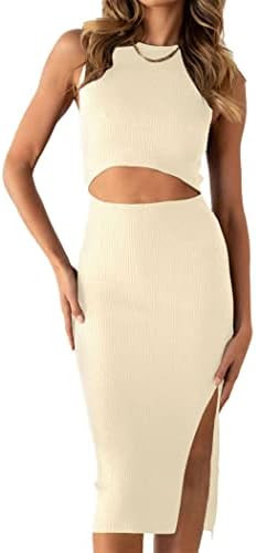 PRETTYGARDEN Women's Summer Midi Bodycon Dresses Casual Crew Neck Side Slit Sleeveless Knit Cut O... | Amazon (US)