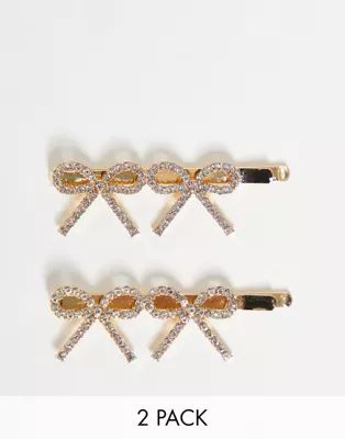 ASOS DESIGN pack of 2 hair clips in gold with diamante bows | ASOS (Global)