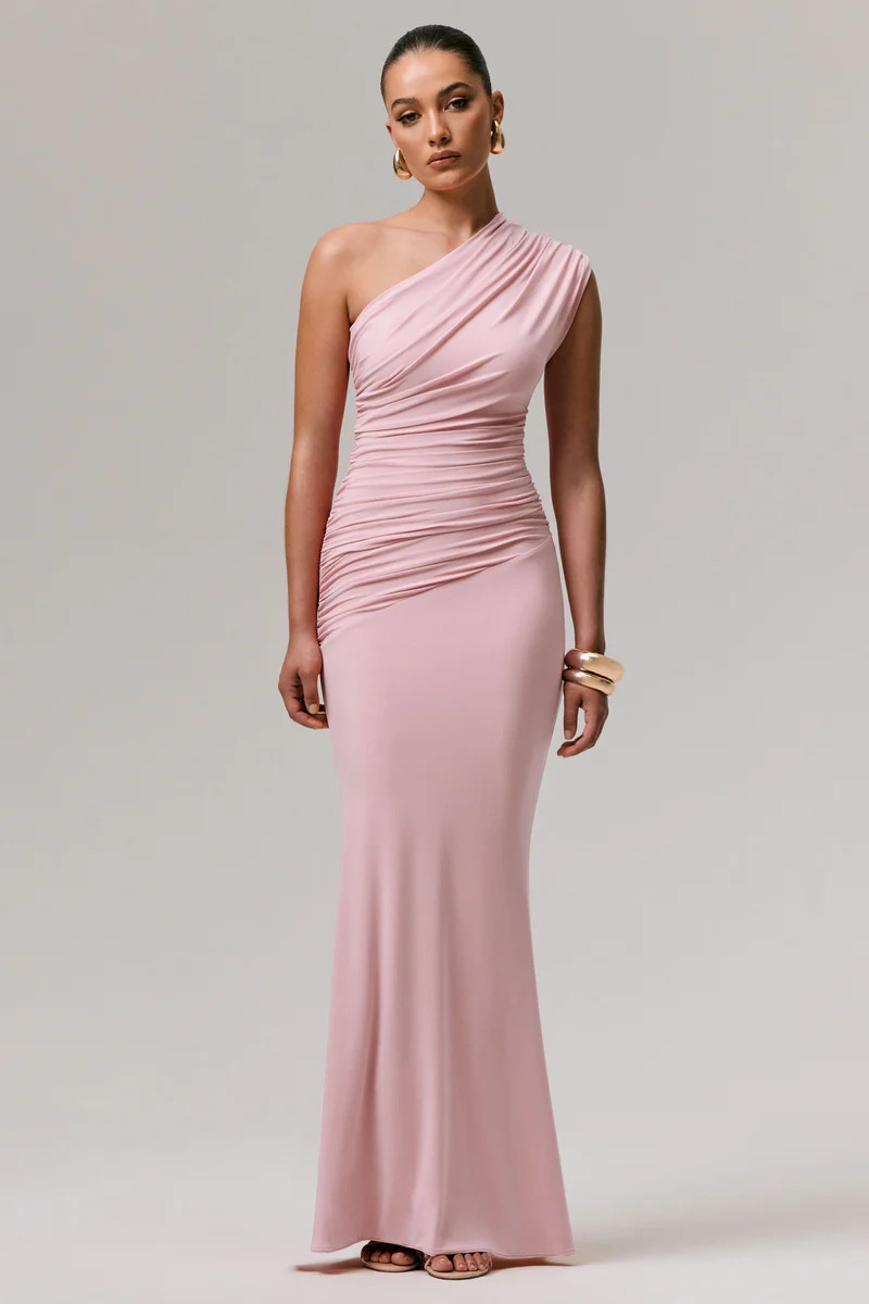 Mardi  Pink Asymmetric Maxi Dress With Ruching | Club L London