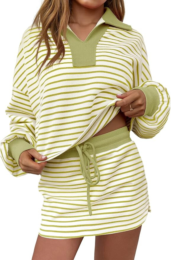 Fisoew Womens Striped 2 Piece Outfits Casual Sweatshirt Skirt Set Long Sleeve Skort Workout Set M... | Amazon (US)