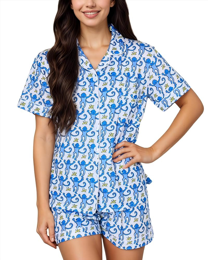 GZDINH Womens 2 Piece Pajamas Set, Monkey Print Soft Button Down Vacation Beach Shorts Set Y2k Pr... | Amazon (US)