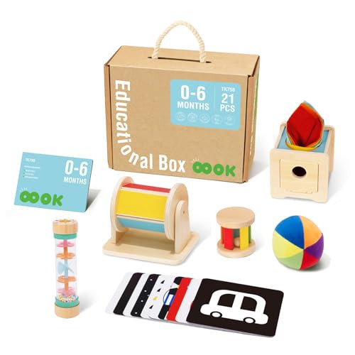 TOOKYLAND Montessori Toys for Babies 0-6 Months, 6 in 1 Learning Educational Set Newborn Toys Including Sensory Ball, Rain Stick, Baby Roller, Spinning Drum, Black and White Cards, Tissue Box | Amazon (US)