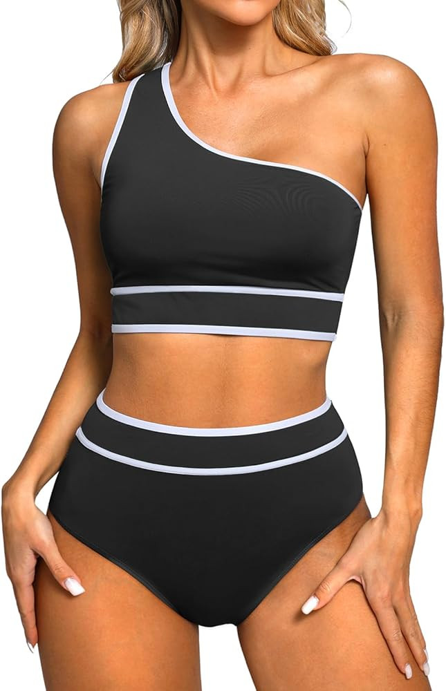 Holipick Women's One Shoulder Bikini Set High Waisted Bathing Suit Color Block Two Piece Swimsuit | Amazon (US)