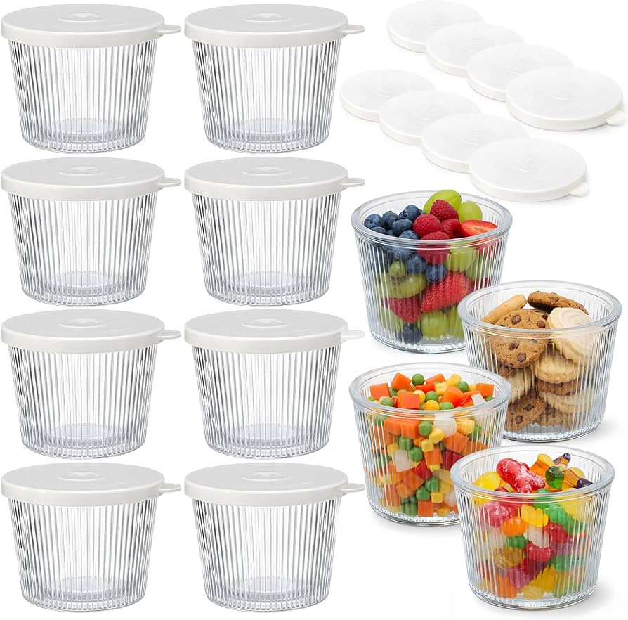 8pc Set of Small Glass Bowls with Lids 6.8oz Ribbed Clear Glass Containers Stackable Dessert Cust... | Amazon (US)