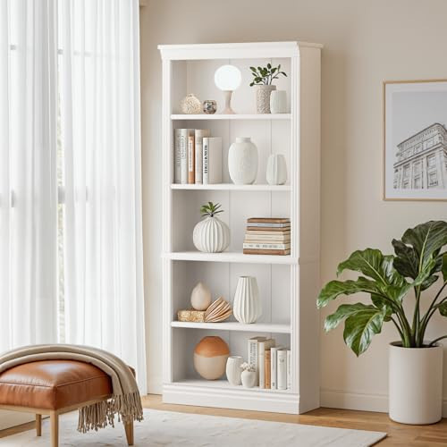 Furniwell Bookcase Bookshelves, 5-Shelf Tall Bookcase 71" Wood Open Display Floor Bookshelf, Large Storage Organizer for Library, Bedroom, Living Room (White) | Amazon (US)