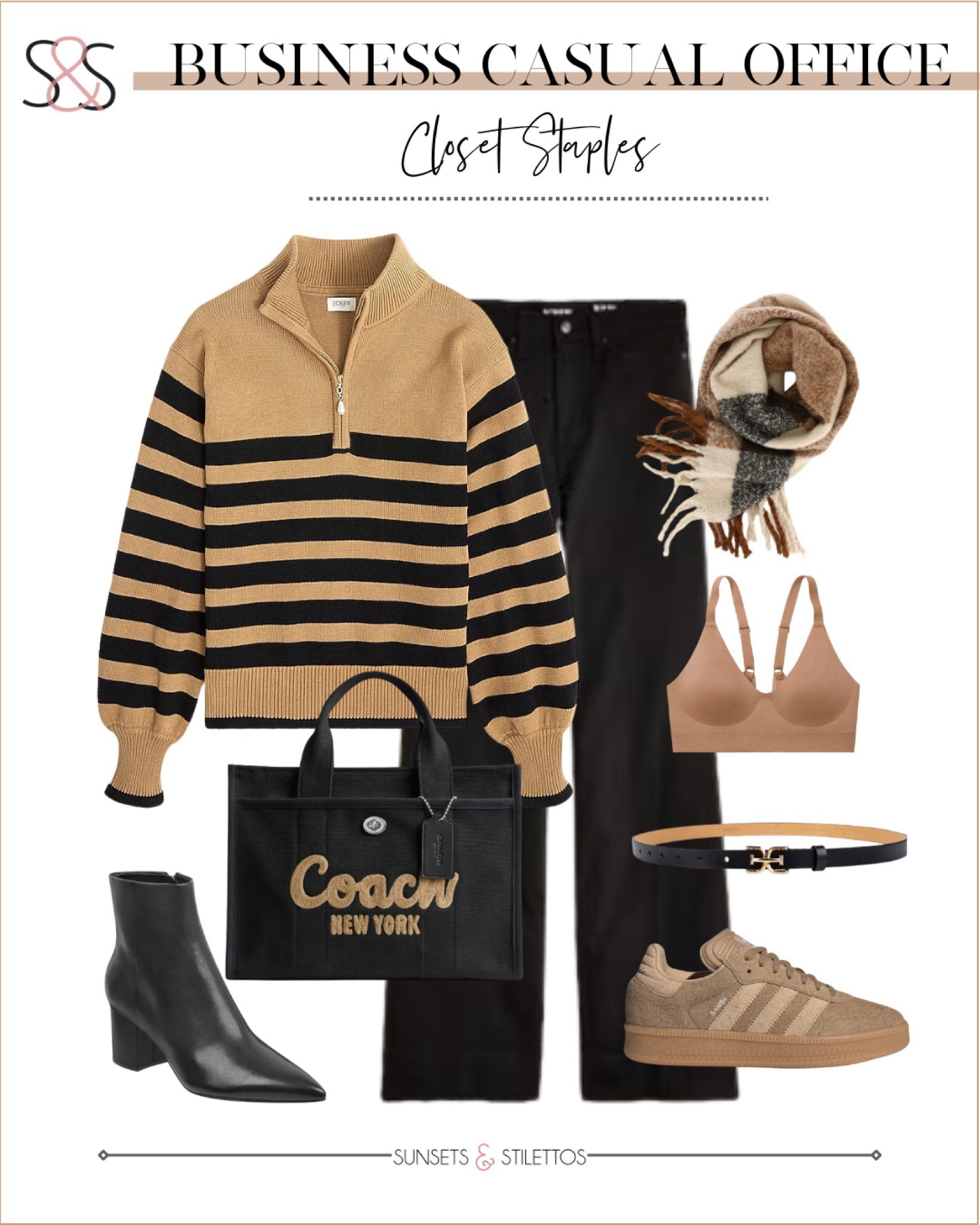 Business casual staples to elevate your office wardrobe. A striped zip sweater paired with sleek black pants creates a polished look. Neutral accessories like classic booties, a structured tote, and a versatile scarf complete the outfit!

Sunsets and Stilettos, striped zip sweaters, black pants, work tote, office-ready boots, cozy winter scarves.

#LTKSaleAlert #LTKStyleTip #LTKOver40