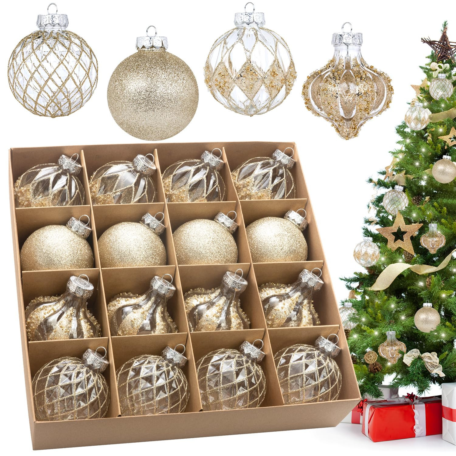 3.15" Clear and Champagne Christmas Ball Ornaments Set, 16 Pcs Luxury Hand-Painted Xmas Tree Deco... | Amazon (US)