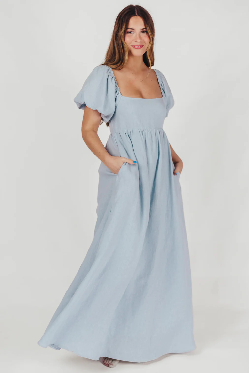 Candace Maxi Dress in Light Blue - 100% Linen - Bump Friendly | Worth Collective