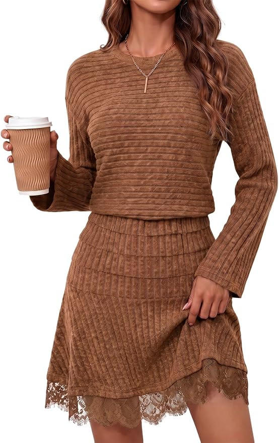 Wenrine Womens Sweater Mini Dress Fall Long Sleeve Ribbed Knit Dresses | Amazon (US)