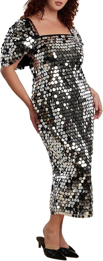 ELOQUII Women's Plus Size Off The Shoulder Sleeve Paillette Dress | Amazon (US)