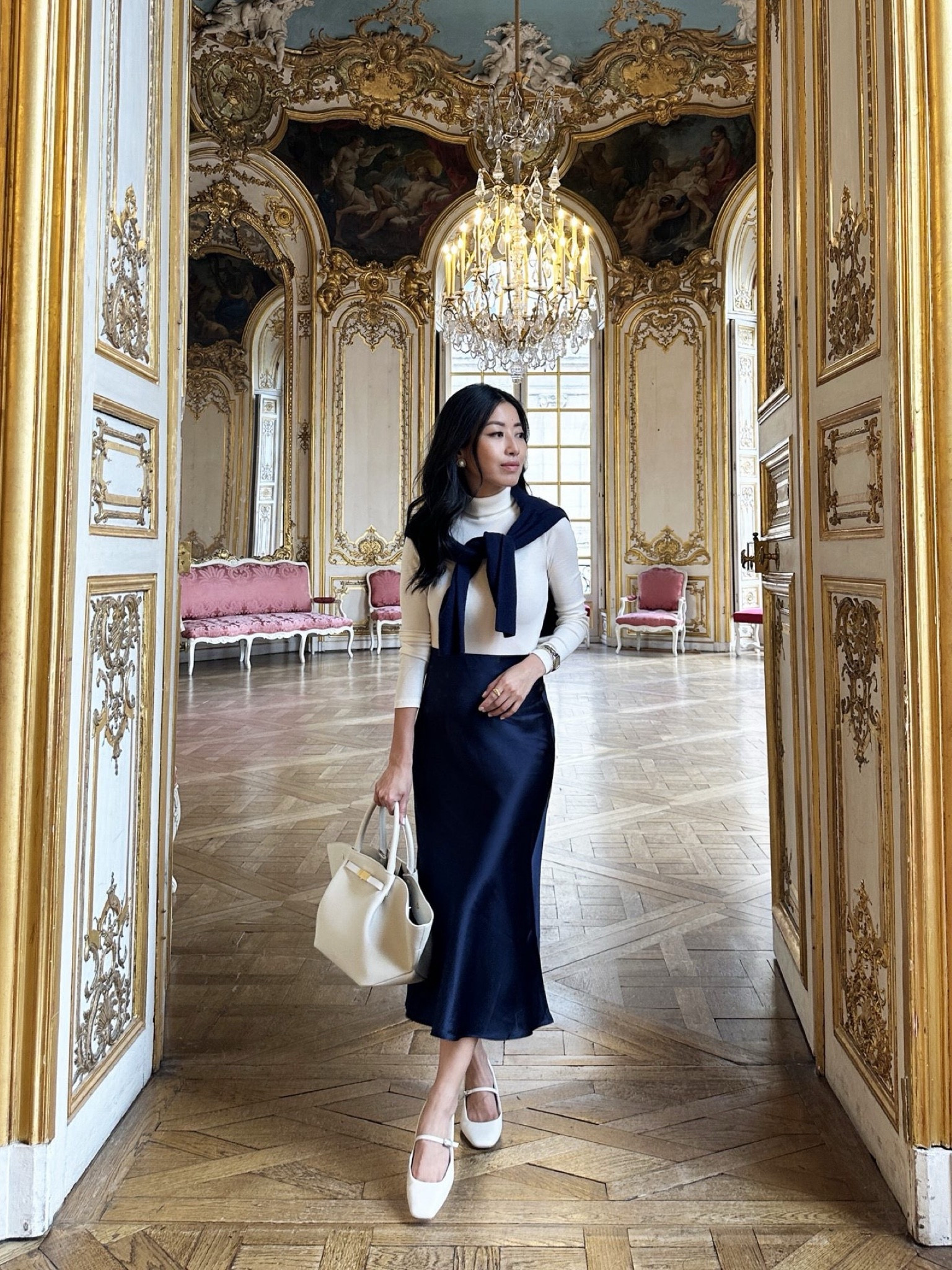Classic navy and cream combo heading into spring. My flats have been restocked!

• Madewell turtleneck xxs, linked current version of this top 

• Quince 100% silk midi slip skirt xs - worn with Uniqlo shaper shorts underneath The xs skirt measures 22.5” across the waist (elastic) and 28 to 29” in length. 

• Over the shoulders: $50 lightweight cashmere sweater xs, classic fit with sleeves just a little long on me so I usually wear them casually pushed up. 

• Dolce Vita flats 5.5

• Demellier bag

Workwear, corporate style, Valentine’s Day outfit, date night, work outfit 

#LTKFindsUnder50 #LTKWorkwear #LTKPetite