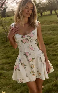 Cream Floral Printed Cotton Godet Hip Detail Skater Dress | PrettyLittleThing UK