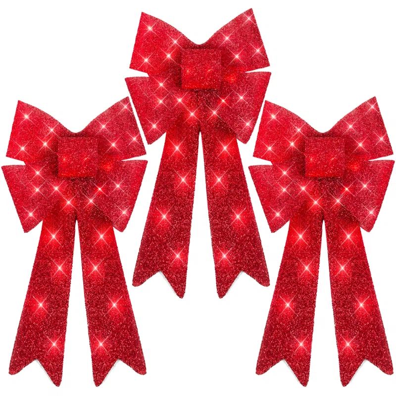 Set Of 3 Pre-Lit Christmas Bows, Indoor/Outdoor LED Holiday Decor W/ 8 Light Functions - Red | Wayfair North America