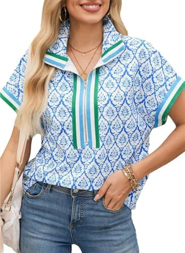 SHEWIN Women Boho Woven Non-Stretch Shirts Summer Half Zip Tops Business Casual 2026 | Amazon (US)