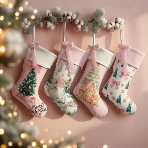 Heentan 4 Pcs Pink Bow Christmas Stockings Coquette Faux Fur Christmas Tree Decoration First Xmas Stocking Gift 18 Inch Large Nutcracker Hanging Xmas Ornament for Tree Fireplace Family Holiday Party | Amazon (US)