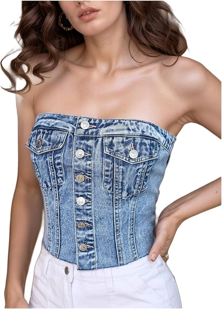 SweatyRocks Women's Button Up Strapless Denim Crop Top Y2k Jean Tube Tops | Amazon (US)