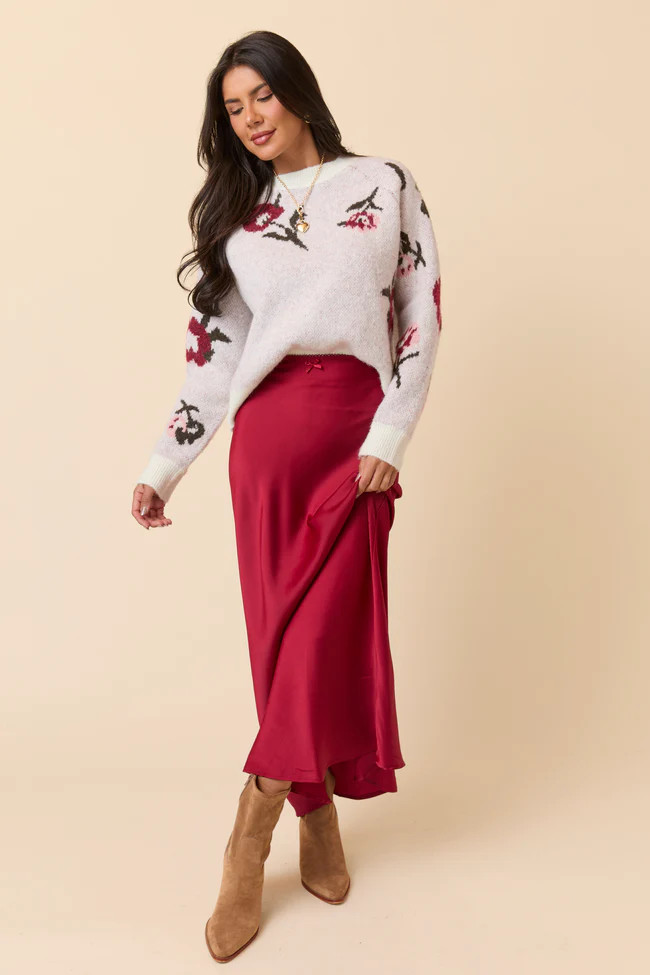 Freya Burgundy Satin Maxi Skirt | Pink Lily
