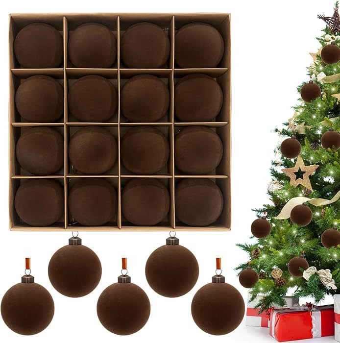 3.15" Brown Velvet Christmas Ball Ornaments Set, 16 pcs Flocked Brown Xmas Tree Decoration, Large... | Amazon (US)